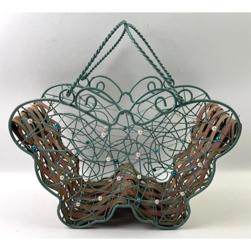 Butterfly Wire & Beaded Basket W/Handles See Pictures on Condition